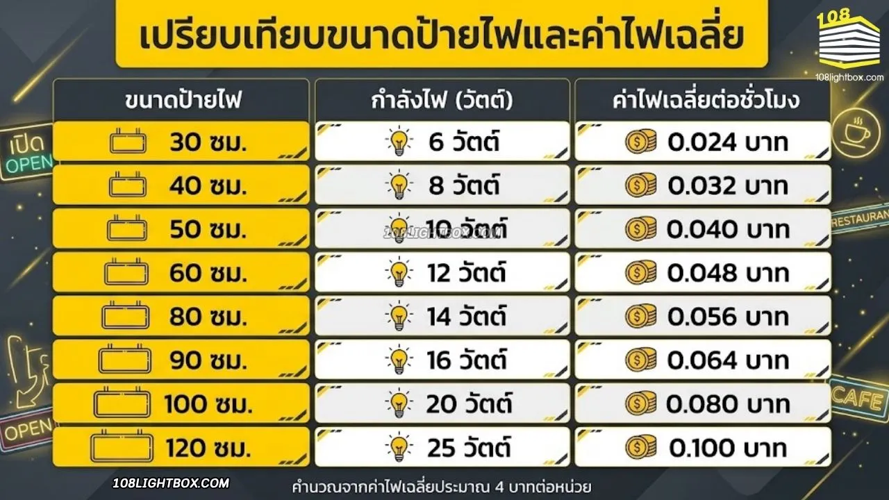 ป้ายไฟกินไฟเท่าไหร่ ตารางคำนวณค่าไฟตามขนาดจริง
